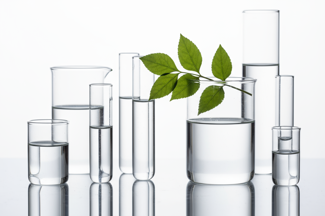 A clean white/silver background with transparent glass test tubes and beakers partially filled with clear liquid. A single green leaf or sprig lies across the setup, representing natural balance in scientific research. Bright, even lighting, soft shadows, minimal composition, editorial photography aesthetic.